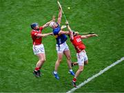 20 July 2025; Eoghan Connolly of Tipperary in action against Conor Lehane, left, and Séamus Harnedy of Cork during the GAA Hurling All-Ireland Senior Championship final match between Cork and Tipperary at Croke Park in Dublin. Photo by Daire Brennan/Sportsfile