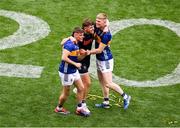20 July 2025; Tipperary players, left to right, Johnny Ryan, Rhys Shelly, and Oisin O'Donoghue celebrate after the GAA Hurling All-Ireland Senior Championship final match between Cork and Tipperary at Croke Park in Dublin. Photo by Daire Brennan/Sportsfile