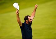20 July 2025; Scottie Scheffler of USA celebrates after winning the final round of The 153rd Open Championship at Royal Portrush Golf Club in Portrush, Antrim. Photo by Ramsey Cardy/Sportsfile