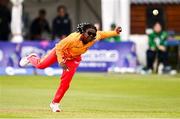 20 July 2025; Loreen Tshuma of Zimbabwe bowls during match one of the Women's T20 International Series between Ireland and Zimbabwe at Pembroke Cricket Club in Dublin. Photo by Ben McShane/Sportsfile