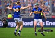 20 July 2025; Tipperary players Darragh Stakelum, right, and Brian McGrath celebrate after their side's victory in the GAA Hurling All-Ireland Senior Championship final match between Cork and Tipperary at Croke Park in Dublin. Photo by Piaras Ó Mídheach/Sportsfile