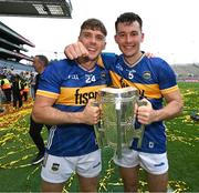 20 July 2025; Johnny Ryan, left, and Craig Morgan of Tipperary celebrate with the Liam MacCarthy cup after their side's victory in the GAA Hurling All-Ireland Senior Championship final match between Cork and Tipperary at Croke Park in Dublin. Photo by Stephen McCarthy/Sportsfile