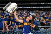 20 July 2025; Conor Stakelum of Tipperary celebrates with his partner Lauren McCormack and the Liam MacCarthy cup after the GAA Hurling All-Ireland Senior Championship final match between Cork and Tipperary at Croke Park in Dublin. Photo by Stephen McCarthy/Sportsfile