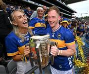 20 July 2025; Michael Breen of Tipperary and his partner Irish Olympian Sharlene Mawdsley celebrate with the Liam MacCarthy cup after their side's victory in the GAA Hurling All-Ireland Senior Championship final match between Cork and Tipperary at Croke Park in Dublin. Photo by Stephen McCarthy/Sportsfile