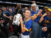 20 July 2025; Irish Olympian, Sharlene Mawdsley, partner of Tipperary's Michael Breen, celebrates with the Liam MacCarthy cup after the GAA Hurling All-Ireland Senior Championship final match between Cork and Tipperary at Croke Park in Dublin. Photo by Stephen McCarthy/Sportsfile