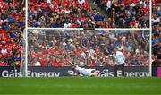 20 July 2025; Cork goalkeeper Patrick Collins is beaten for a Tipperary goal, a penalty in the 55th minute, during the GAA Hurling All-Ireland Senior Championship final match between Cork and Tipperary at Croke Park in Dublin. Photo by Ray McManus/Sportsfile