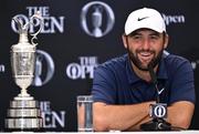 20 July 2025; Scottie Scheffler of USA speaks in a press conference alongside the Claret Jug iafter winning The 153rd Open Championship at Royal Portrush Golf Club in Portrush, Antrim. Photo by Ramsey Cardy/Sportsfile