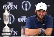 20 July 2025; Scottie Scheffler of USA speaks in a press conference alongside the Claret Jug iafter winning The 153rd Open Championship at Royal Portrush Golf Club in Portrush, Antrim. Photo by Ramsey Cardy/Sportsfile