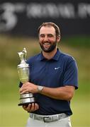 20 July 2025; Scottie Scheffler of USA celebrates with the Claret Jug after winning The 153rd Open Championship at Royal Portrush Golf Club in Portrush, Antrim. Photo by Ramsey Cardy/Sportsfile