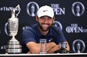 20 July 2025; Scottie Scheffler of USA speaks in a press conference alongside the Claret Jug iafter winning The 153rd Open Championship at Royal Portrush Golf Club in Portrush, Antrim. Photo by Ramsey Cardy/Sportsfile