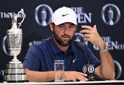 20 July 2025; Scottie Scheffler of USA speaks in a press conference alongside the Claret Jug iafter winning The 153rd Open Championship at Royal Portrush Golf Club in Portrush, Antrim. Photo by Ramsey Cardy/Sportsfile