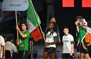 20 July 2025; Team Ireland flag bearers Destiny Lawal, left, and Shea Mathers during the opening ceremony ahead of day one of the 2025 European Youth Summer Olympic Festival in Skopje, North Macedonia. Photo by Tyler Miller/Sportsfile