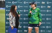 20 July 2025; Isabel Joyce in conversation with Ireland captain Gaby Lewis after match one of the Women's T20 International Series between Ireland and Zimbabwe at Pembroke Cricket Club in Dublin. Photo by Ben McShane/Sportsfile