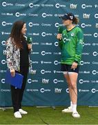 20 July 2025; Isabel Joyce in conversation with Ireland captain Gaby Lewis after match one of the Women's T20 International Series between Ireland and Zimbabwe at Pembroke Cricket Club in Dublin. Photo by Ben McShane/Sportsfile