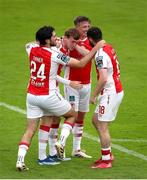 20 July 2025; Conor Carty of St Patrick's Athletic, second from left, celebrates after scoring his side's seventh goal with teammates during the Sports Direct Men’s FAI Cup second round match between St. Patrick’s Athletic and UCC at Richmond Park in Dublin. Photo by Michael P Ryan/Sportsfile