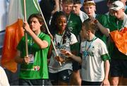 20 July 2025; Team Ireland flag bearers Destiny Lawal, left, and Shea Mathers during the opening ceremony ahead of day one of the 2025 European Youth Summer Olympic Festival in Skopje, North Macedonia. Photo by Tyler Miller/Sportsfile