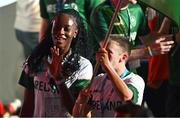 20 July 2025; Team Ireland flag bearers Destiny Lawal, left, and Shea Mathers during the opening ceremony ahead of day one of the 2025 European Youth Summer Olympic Festival in Skopje, North Macedonia. Photo by Tyler Miller/Sportsfile