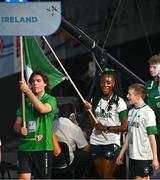 20 July 2025; Team Ireland flag bearers Destiny Lawal, left, and Shea Mathers during the opening ceremony ahead of day one of the 2025 European Youth Summer Olympic Festival in Skopje, North Macedonia. Photo by Tyler Miller/Sportsfile