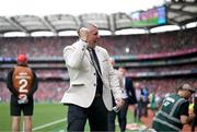 20 July 2025; RTÉ analyst and former Tipperary manager Liam Sheedy celebrates during the closing stages of the GAA Hurling All-Ireland Senior Championship final match between Cork and Tipperary at Croke Park in Dublin. Photo by Stephen McCarthy/Sportsfile