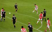 20 July 2025; Chris Forrester of St Patrick's Athletic shoots to score his side's eighth goal during the Sports Direct Men’s FAI Cup second round match between St. Patrick’s Athletic and UCC at Richmond Park in Dublin. Photo by Michael P Ryan/Sportsfile