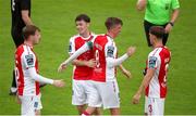 20 July 2025; Chris Forrester of St Patrick's Athletic, second from right, is congratulated by team-mates after scoring his side's eight goal during the Sports Direct Men’s FAI Cup second round match between St. Patrick’s Athletic and UCC at Richmond Park in Dublin. Photo by Michael P Ryan/Sportsfile