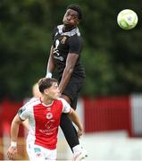 20 July 2025; Joshua Suleiman of UCC in action against Anto Breslin of St Patrick's Athletic during the Sports Direct Men’s FAI Cup second round match between St. Patrick’s Athletic and UCC at Richmond Park in Dublin. Photo by Michael P Ryan/Sportsfile