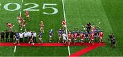 20 July 2025; The Tipperary and Cork players shake hands ahead of the GAA Hurling All-Ireland Senior Championship final match between Cork and Tipperary at Croke Park in Dublin. Photo by Daire Brennan/Sportsfile