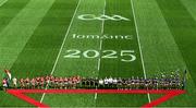 20 July 2025; The Tipperary and Cork teams await the arrival of the President ahead of the GAA Hurling All-Ireland Senior Championship final match between Cork and Tipperary at Croke Park in Dublin. Photo by Daire Brennan/Sportsfile