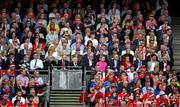 20 July 2025; President of Ireland Michael D Higgins, Uachtarán Chumann Lúthchleas Gael Jarlath Burns, An Taoiseach Micheál Martin TD, Tánaiste Simon Harris TD and Ard Stiúrthóir of the GAA Tom Ryan and other guests and supporters watch the GAA Hurling All-Ireland Senior Championship final match between Cork and Tipperary at Croke Park in Dublin.   Photo by Ray McManus/Sportsfile