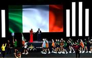 20 July 2025; Team Ireland flag bearers Destiny Lawal and Shea Mathers with team-mates during the opening ceremony ahead of day one of the 2025 European Youth Summer Olympic Festival in Skopje, North Macedonia. Photo by Tyler Miller/Sportsfile
