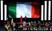 20 July 2025; Team Ireland flag bearers Destiny Lawal and Shea Mathers with team-mates during the opening ceremony ahead of day one of the 2025 European Youth Summer Olympic Festival in Skopje, North Macedonia. Photo by Tyler Miller/Sportsfile