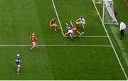 20 July 2025; John McGrath of Tipperary is fouled by Eoin Downey of Cork, resulting in a penalty for Tipperary and a red card for Eoin Downey, during the GAA Hurling All-Ireland Senior Championship final match between Cork and Tipperary at Croke Park in Dublin. Photo by Seb Daly/Sportsfile