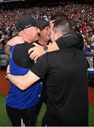 20 July 2025; Tipperary manager Liam Cahill, left, celebrates with his backroom staff after their side's victory in the GAA Hurling All-Ireland Senior Championship final match between Cork and Tipperary at Croke Park in Dublin. Photo by Seb Daly/Sportsfile