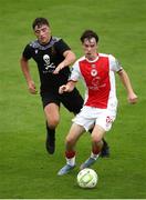 20 July 2025; Billy Hayes of St Patrick's Athletic in action against Fionn Duggan of UCC during the Sports Direct Men’s FAI Cup second round match between St. Patrick’s Athletic and UCC at Richmond Park in Dublin. Photo by Michael P Ryan/Sportsfile
