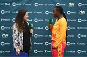20 July 2025; Isabel Joyce in conversation with Zimbabwe captain Chipo Spiwe Tiripano after match one of the Women's T20 International Series between Ireland and Zimbabwe at Pembroke Cricket Club in Dublin. Photo by Ben McShane/Sportsfile