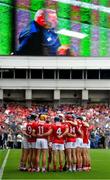 20 July 2025; Cork players huddle before the GAA Hurling All-Ireland Senior Championship final match between Cork and Tipperary at Croke Park in Dublin. Photo by Stephen McCarthy/Sportsfile