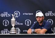 20 July 2025; Scottie Scheffler of USA speaks in a press conference alongside the Claret Jug iafter winning The 153rd Open Championship at Royal Portrush Golf Club in Portrush, Antrim. Photo by Ramsey Cardy/Sportsfile