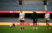 21 July 2025; Fin Smith with assistant coach Jonathan Sexton and Owen Farrell during a British & Irish Lions captain's run at Marvel Stadium in Melbourne, Australia. Photo by Brendan Moran/Sportsfile