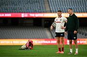 21 July 2025; Owen Farrell, left, and assistant coach Jonathan Sexton during a British & Irish Lions captain's run at Marvel Stadium in Melbourne, Australia. Photo by Brendan Moran/Sportsfile