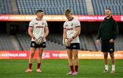 21 July 2025; Fin Smith, centre, with Owen Farrell and assistant coach Jonathan Sexton during a British & Irish Lions captain's run at Marvel Stadium in Melbourne, Australia. Photo by Brendan Moran/Sportsfile