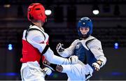 21 July 2025; Ryan Doyle, from Balleycullen in Dublin, representing Technological University Dublin and Ireland, in action against Armen Danielyan, representing Armenian State Institute of Physical Culture and Armenia, during the men's 74kg match on day five of the FISU World University Games 2025 at Messe Essen Halle in Essen, Germany. Photo by Shauna Clinton/Sportsfile