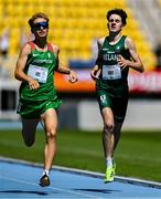 21 July 2025; Isaac Vickers of Team Ireland, right, competes in the boys 800m heats at Todor Proeski National Arena during day one of the 2025 European Youth Summer Olympic Festival in Skopje, North Macedonia. Photo by Tyler Miller/Sportsfile
