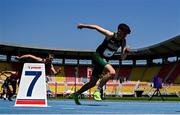 21 July 2025; Isaac Vickers of Team Ireland, right, competes in the boys 800m heats at Todor Proeski National Arena during day one of the 2025 European Youth Summer Olympic Festival in Skopje, North Macedonia. Photo by Tyler Miller/Sportsfile