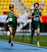21 July 2025; Isaac Vickers of Team Ireland, right, competes in the boys 800m heats at Todor Proeski National Arena during day one of the 2025 European Youth Summer Olympic Festival in Skopje, North Macedonia. Photo by Tyler Miller/Sportsfile