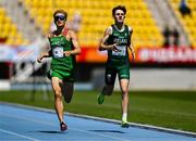 21 July 2025; Isaac Vickers of Team Ireland, right, competes in the boys 800m heats at Todor Proeski National Arena during day one of the 2025 European Youth Summer Olympic Festival in Skopje, North Macedonia. Photo by Tyler Miller/Sportsfile