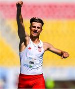 21 July 2025; Nikodem Dyminski of Poland celebrates after winning in the boys 100m sprint heats at Todor Proeski National Arena during day one of the 2025 European Youth Summer Olympic Festival in Skopje, North Macedonia. Photo by Tyler Miller/Sportsfile