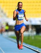 21 July 2025; Khrystyna Lotos of Ukraine competes in the girls 100m sprint heats at Todor Proeski National Arena during day one of the 2025 European Youth Summer Olympic Festival in Skopje, North Macedonia. Photo by Tyler Miller/Sportsfile