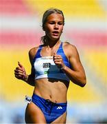 21 July 2025; Amy Bell Grebeci of Slovakia competes in the girls 100m sprint heats at Todor Proeski National Arena during day one of the 2025 European Youth Summer Olympic Festival in Skopje, North Macedonia. Photo by Tyler Miller/Sportsfile