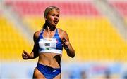 21 July 2025; Amy Bell Grebeci of Slovakia competes in the girls 100m sprint heats at Todor Proeski National Arena during day one of the 2025 European Youth Summer Olympic Festival in Skopje, North Macedonia. Photo by Tyler Miller/Sportsfile