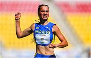 21 July 2025; Khrystyna Lotos of Ukraine competes in the girls 100m sprint heats at Todor Proeski National Arena during day one of the 2025 European Youth Summer Olympic Festival in Skopje, North Macedonia. Photo by Tyler Miller/Sportsfile